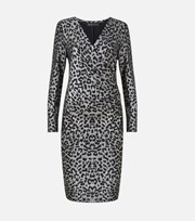 Mela Silver Leopard Print Glitter Long Sleeve Ruched Midi Dress